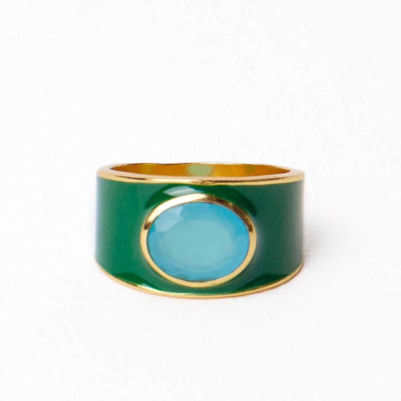Hazel Oval Stone With Enamel Band Ring Green/Light Blue- Size 7 | INK+ALLOY