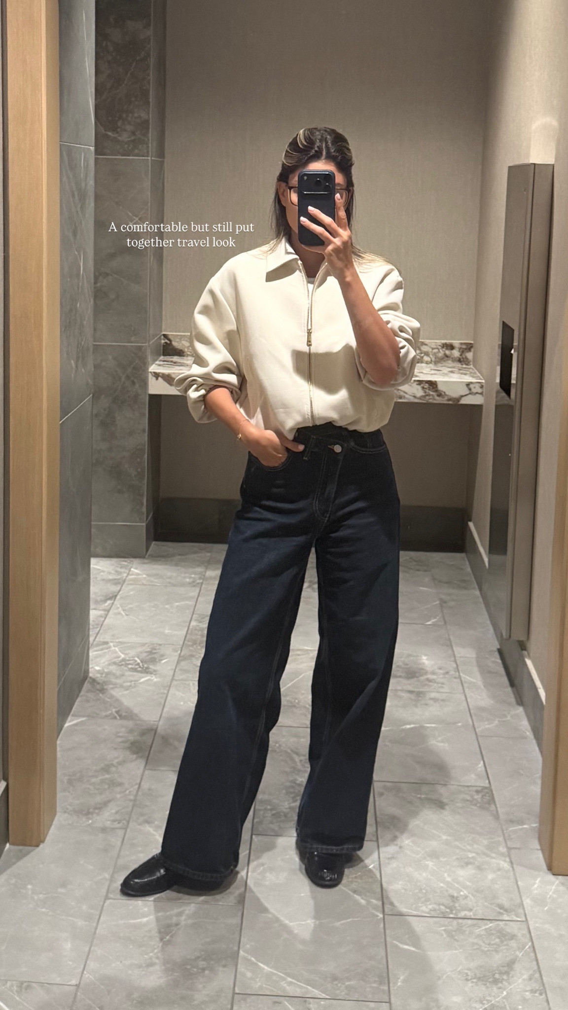 Travel outfit that’s comfortable but still put together. 

+bomber jacket
+loose fit, wide leg jeans 
+black loafers 

#LTKgrwm #LTKTravel #LTKootd