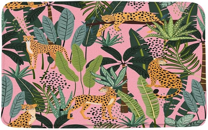 Leopard Palm Leaves Bath Mat Pink Cheetah Tiger Big Cat Tropical Jungle Animal Plant Safari Boho ... | Amazon (US)