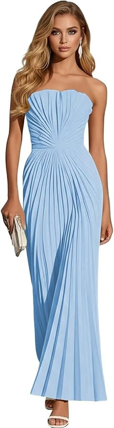 Amazon.com: DJFLFU Strapless Bridesmaid Dress Pleated Chiffon Long Formal Prom Dress for Cocktail... | Amazon (US)
