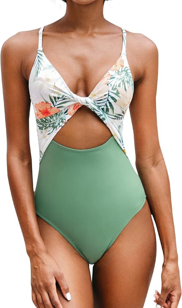 CUPSHE Women's Willow Tropical Twist Colorblock One Piece Swimsuit Removable Padding Swimsuit Mint G | Amazon (US)