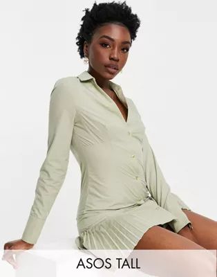 ASOS DESIGN Tall cotton button through mini shirt dress with pleat hem in khaki | ASOS (Global)