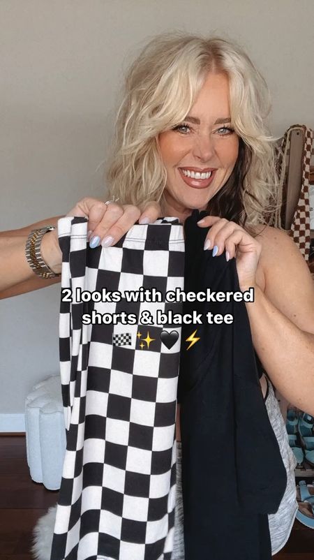 Two looks with checkered shorts and a black tee 🏁✨🖤 
•Bike shorts size m (I cannot link them here) check my IG Reel To see how to get link  
•V neck tee size L (I sized up for an oversized look) 
•Sneaks I size down 
•Boots run true to size 
Concert outfit, festival outfit, casual style, everyday style, checkered shorts 

#LTKFestival #LTKover40 #LTKVideo