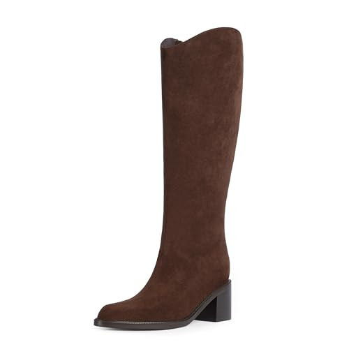 Modatope Brown Suede Knee High Boots for Women Pointed Toe Chunky Heel Tall Boots Side Zipper Long Boot Size 8.5 | Amazon (US)