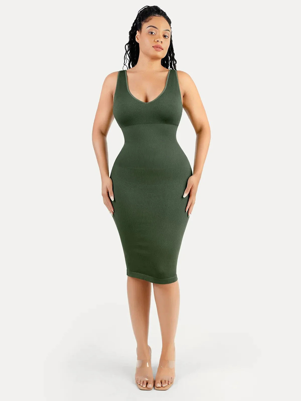 Shapewear Deep V-Neck Tummy Control Midi Dress | Popilush