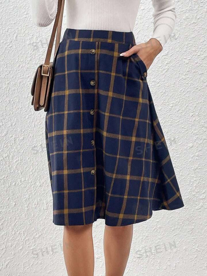 SHEIN Frenchy Women'S Blue Plaid Single-Breasted Skirt (Mismatch Plaid) | SHEIN