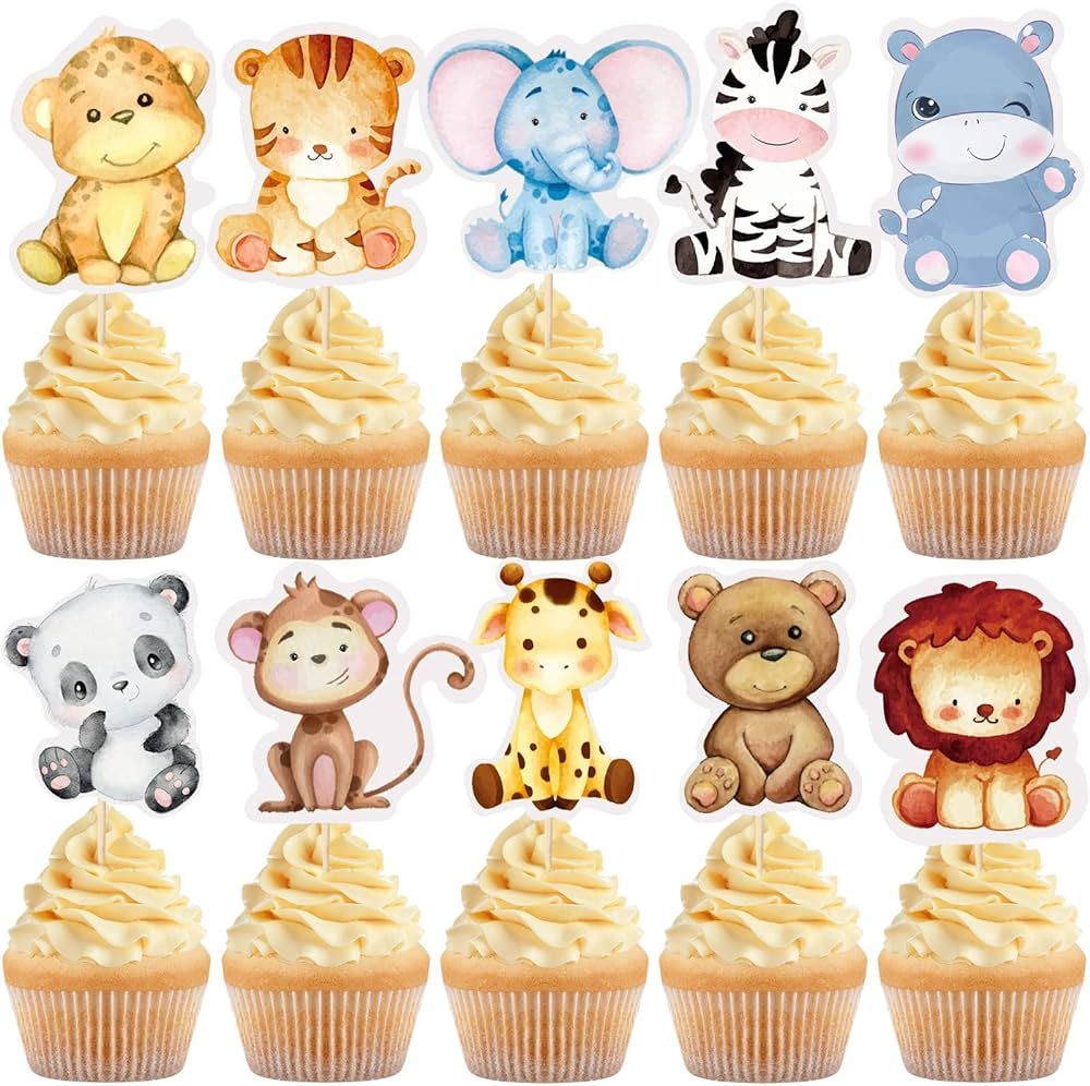 100 Count Safari Cupcake Toppers Baby Jungle Animals Cupcake Toppers Cute Safari Animal Cake Topp... | Amazon (US)
