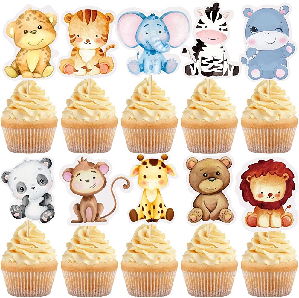 100 Count Safari Cupcake Toppers Baby Jungle Animals Cupcake Toppers Cute Safari Animal Cake Topp... | Amazon (US)