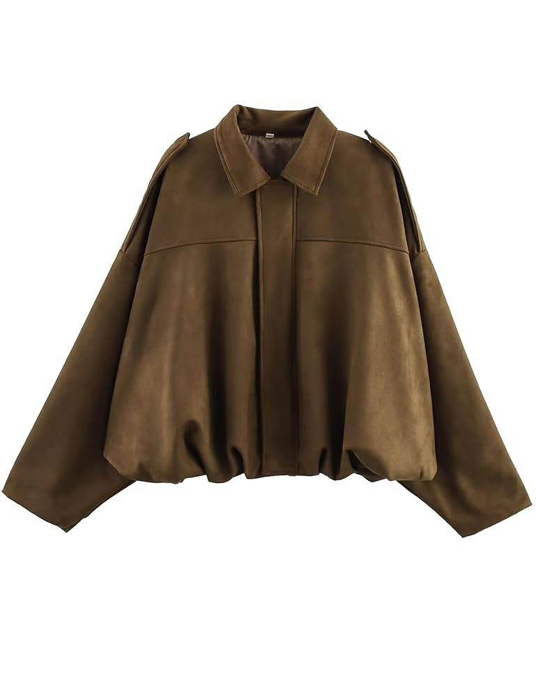 Women's Suede Bomber Jackets Casual Oversized Batwing Sleeve Pleated Elastic Hem Coats Streetwear | Amazon (US)