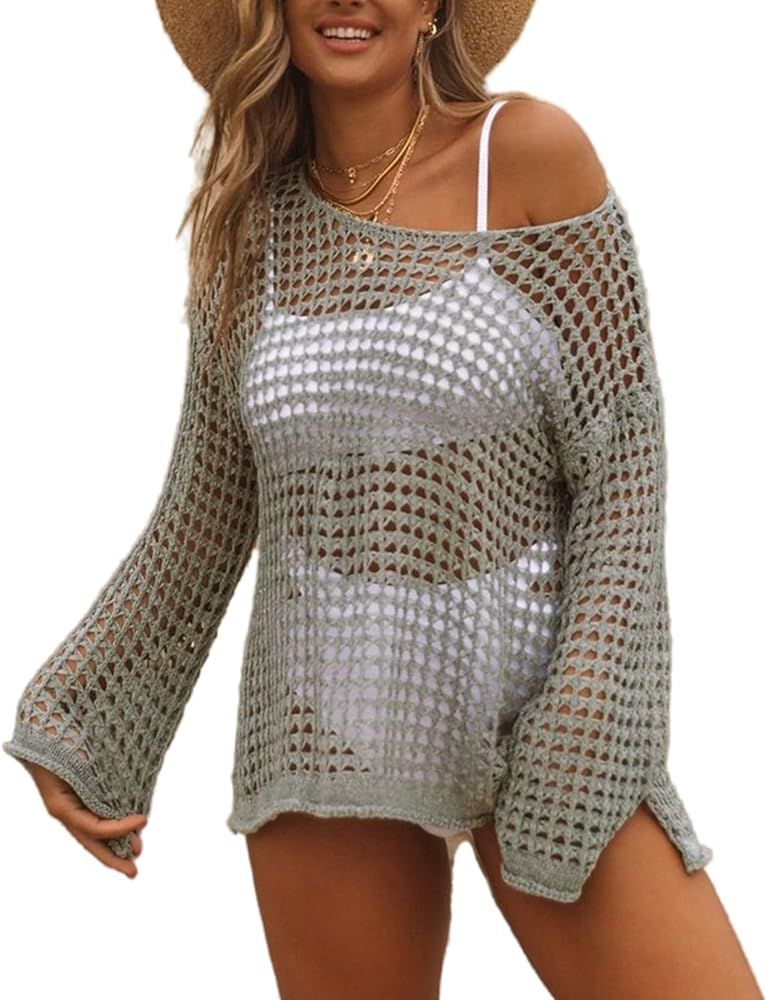 Wander Agio Beach Womens Coverups Tops Sexy Perspective Cover Up Knit Mesh Long Sleeves | Amazon (US)