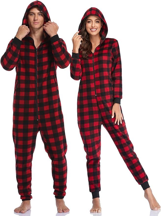 COLORFULLEAF Couples Matching Christmas Pajamas Hoodie Fleece Onesie Plaid Union Suit Full Zipper... | Amazon (US)
