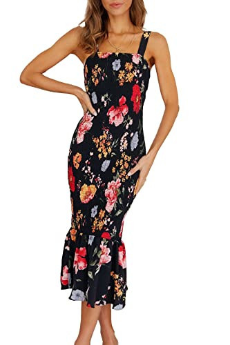 PRETTYGARDEN Women's Summer Floral Midi Tank Dress Sleeveless Strappy Ruffle Hem Smocked Bodycon Dresses (Black Red Big Floral,X-Large) | Amazon (US)