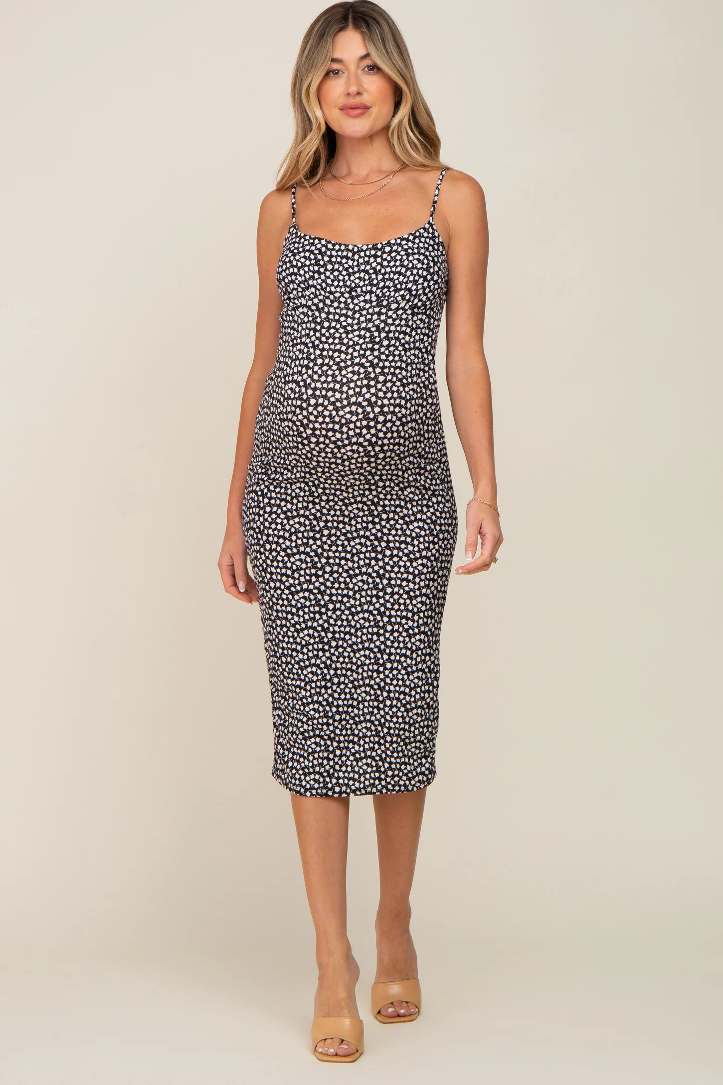 Black Printed Ribbed Sleeveless Maternity Midi Dress | PinkBlush Maternity