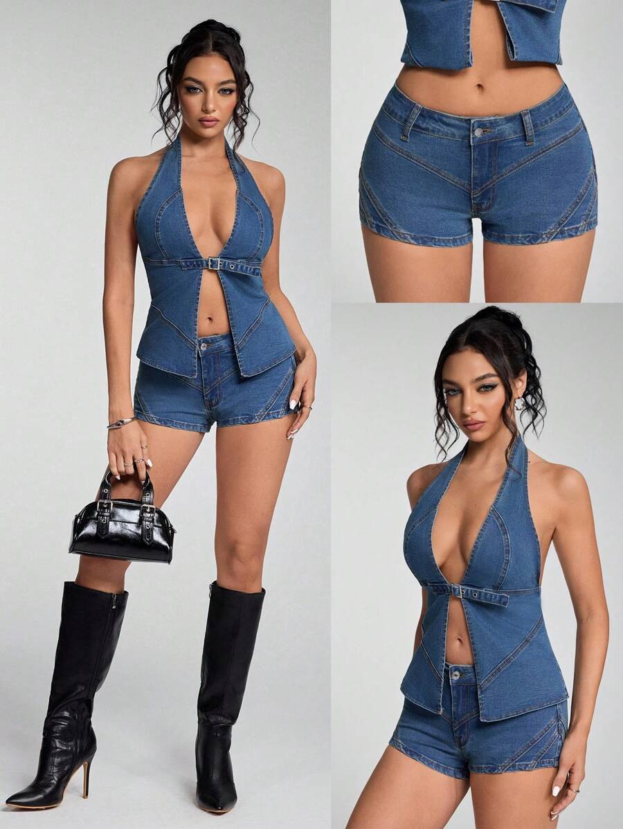 Jeanoix Sexy Halter Open Back Washed Denim Top Y2K | SHEIN