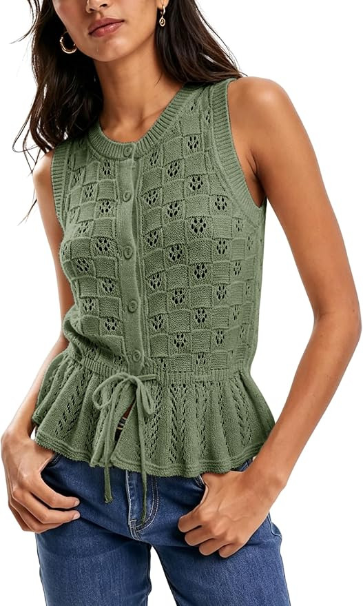 Huaqiao Womens Sleeveless Crochet Tank Tops Crew Neck Button Down Ruffled Hem Sweaters Hollow Out... | Amazon (US)