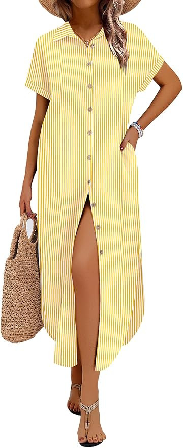 Zeagoo Womens Dresses Casual Summer Short Sleeve Button Down Long Shirt Dresses Swimsuit Beach Co... | Amazon (US)