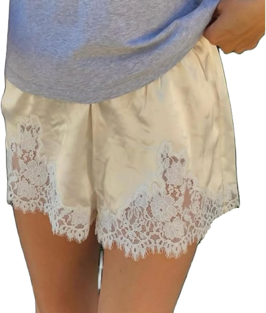 Women Satin Silk Lace Trim Shorts Lace Floral Patchwork Silky Slip Shorts Comfy Pajamas Bottoms S... | Amazon (US)