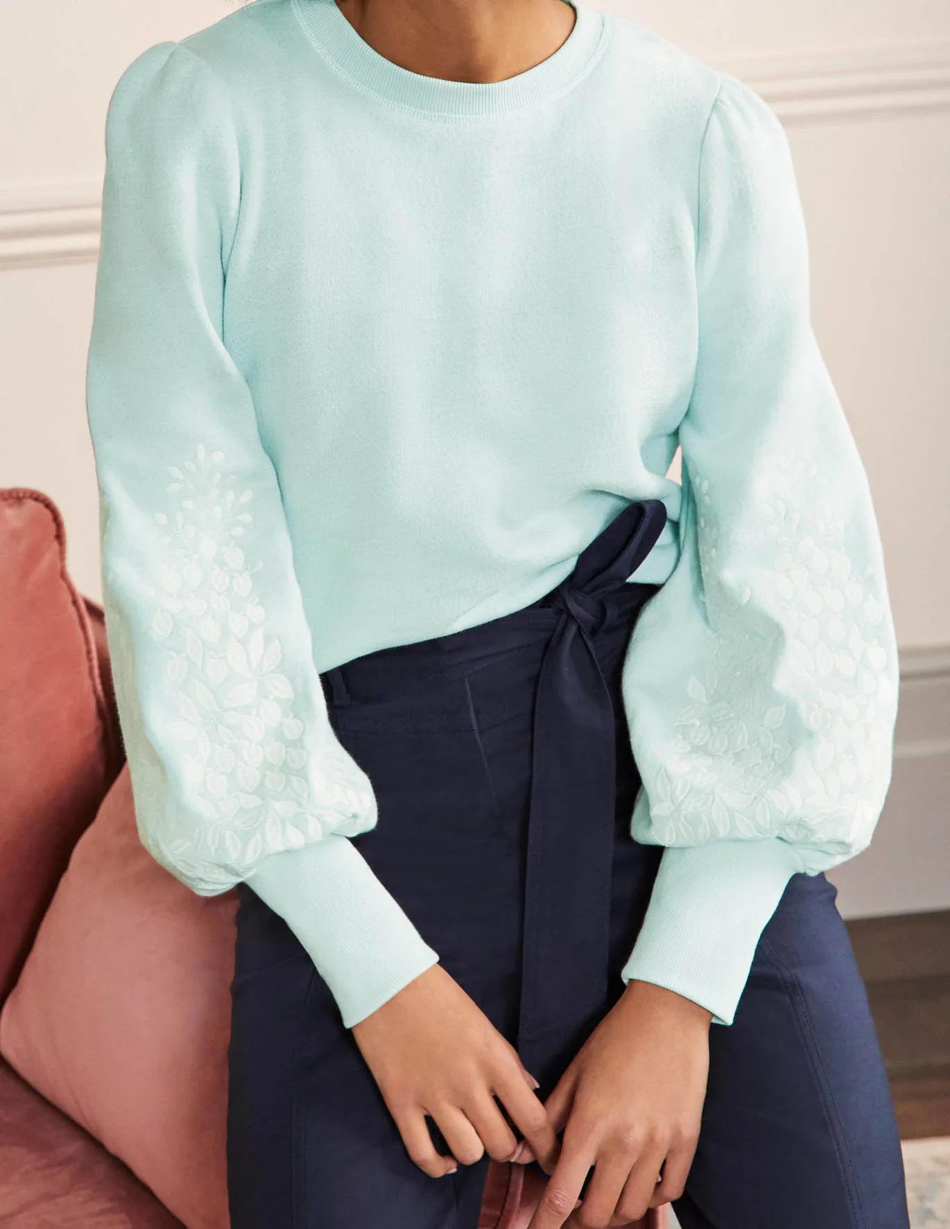 Embroidered Blouson Sweatshirt - Dawn Sky, Ivory Embroidery | Boden US | Boden (US)