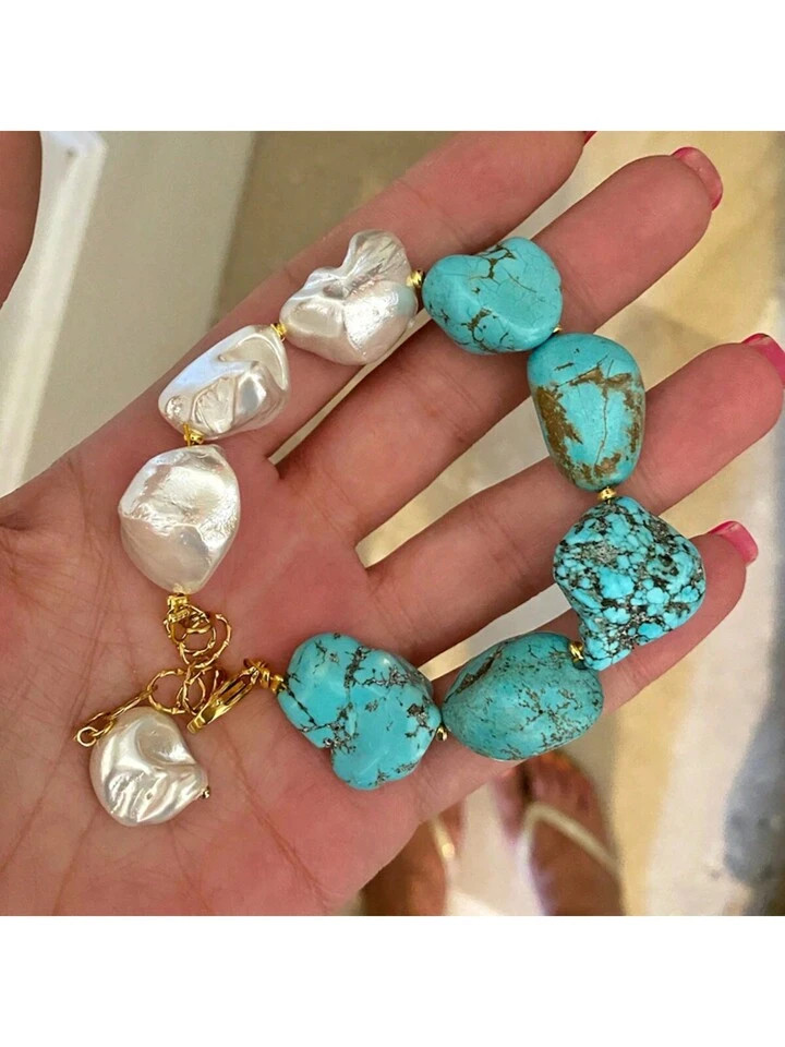 1pc Natural Blue Howlite Beaded Bracelet Matching With Golden Stainless Steel Beads, Fashionable Bohemian Accessories | SHEIN