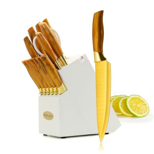 Gold Knife Set with White Knife Block, Thick and Sharp Stainless Steel Kitchen Knives Set Self Sharpening, 14 Pcs Titanium Coated Gold Cutlery Knives Block Set, Kitchen Accessories and Decor | Amazon (US)