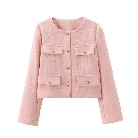 Mnyycxen Women Crop Tweed Blazer Jacket Collarless Open Front Button Down Coat Business Work Suit with Pockets | Walmart (US)