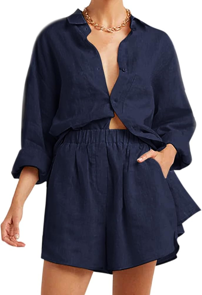 Women's Linen 2 piece outfits Casual Beach Comfy Loungewear Sets Long Sleeve Oversized Shirts and... | Amazon (US)