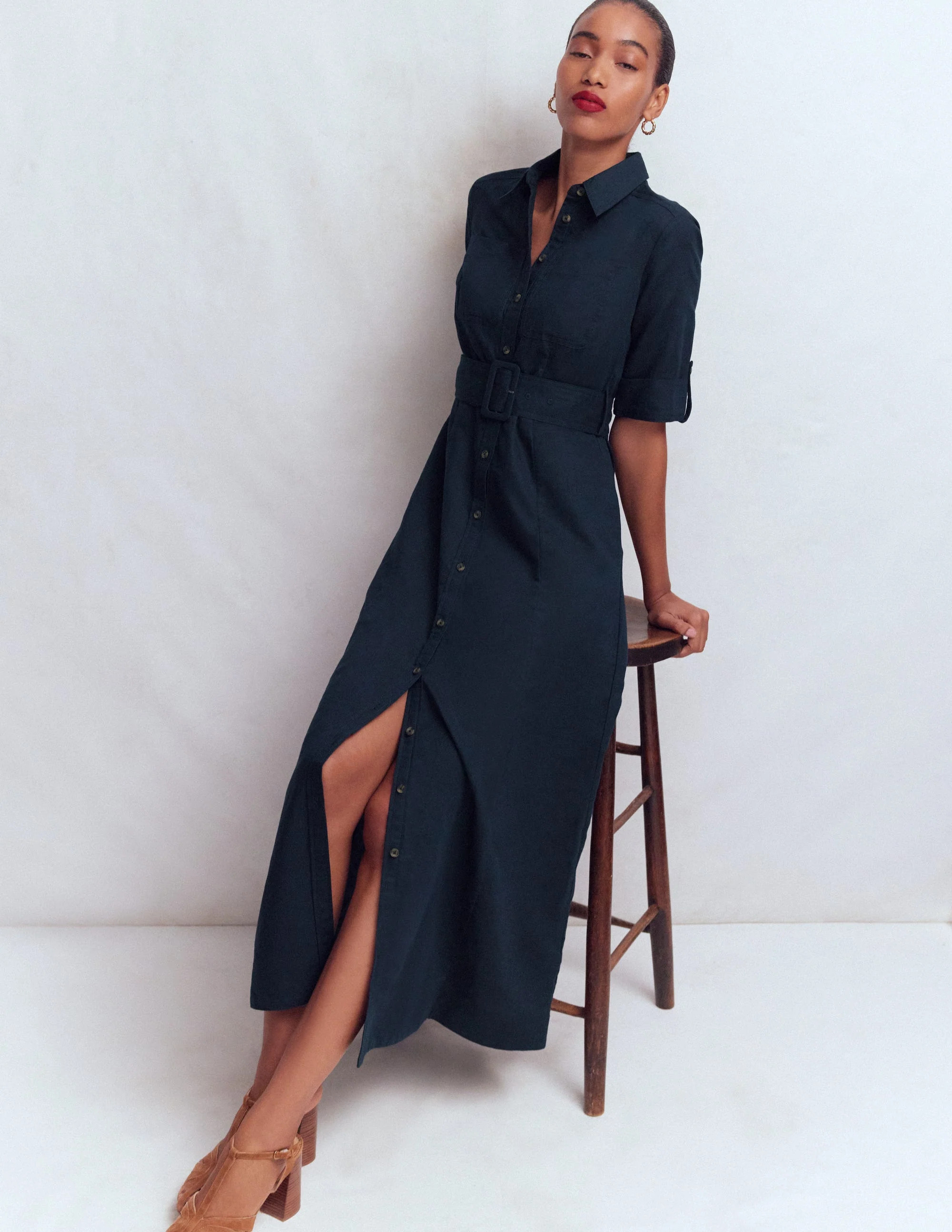 Ora Linen Blend Shirt Dress-Navy | Boden (US)