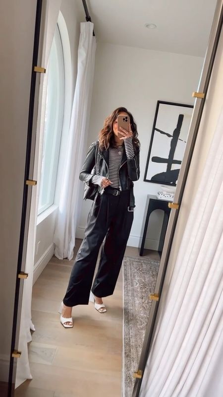 Friday nights! 🖤🤍 Lucy’s Whims in wide leg trousers and striped tee. XS tee, S pants, sandals TTS

Nordstrom, white sandals, biker jacket, leather jacket, winter style, outfit of the night, lucyswhims 

#LTKFind #LTKSeasonal #LTKstyletip