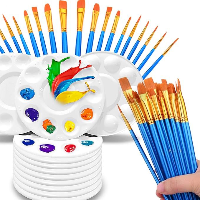 Hulameda Paint Brushes Set, 5 Packs/ 50 Pcs Round Pointed Tip Paintbrushes with 12 Pcs Paint Pall... | Amazon (US)