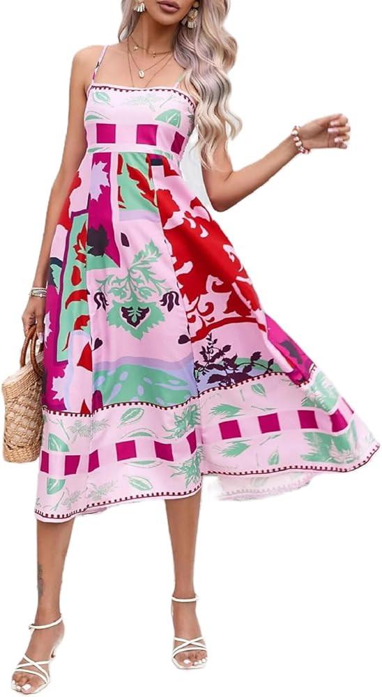 Women Summer Graffiti Maxi Dress Backless Spaghetti Strap Flowy Long Dress Graphic Print Vacation... | Amazon (US)