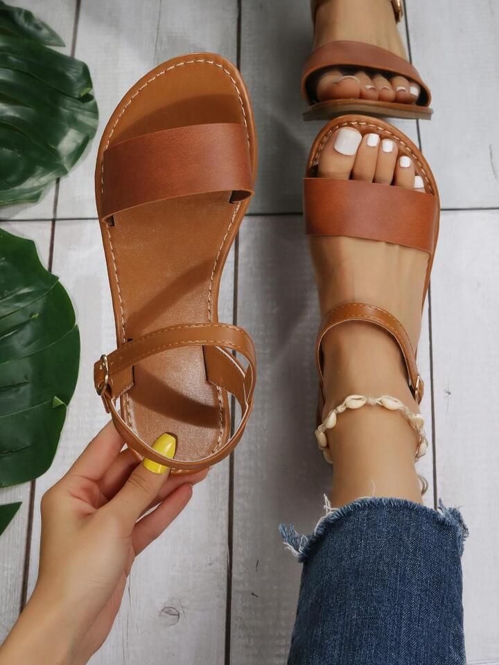 Women Minimalist Flat Sandals, Elegant Brown Ankle Strap Sandals | SHEIN