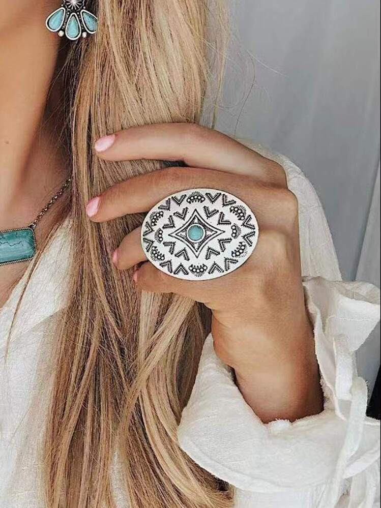 1 Pc Antique Silver  Vintage Engraved Turquoise Stone Decor Western Statement Ring For Women | SHEIN