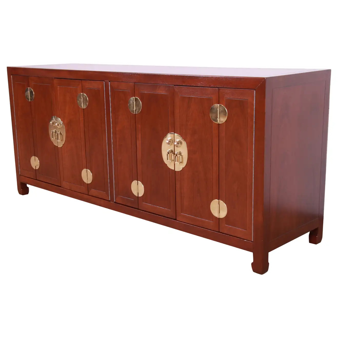Henredon Hollywood Regency Chinoiserie Mahogany and Brass Credenza, Refinished | 1stDibs
