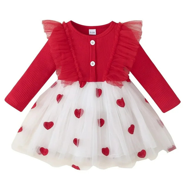 GYRATEDREAM Toddler Baby Girl Valentines Day Outfit Long Sleeve Heart Dress Kids Mesh Tulle Tutu ... | Walmart (US)