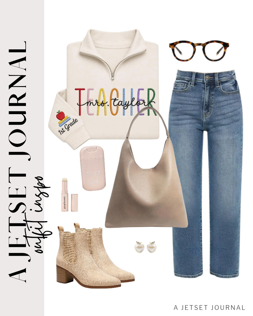 The last look pairs a custom embroidered teacher quarter-zip sweatshirt from NAZENTI with cuffed jeans from KDF. This look is perfect with DREAM PAIRS boots and Peepers blue light-blocking glasses. 

 #LTKSeasonal #LTKSaleAlert #LTKTravel