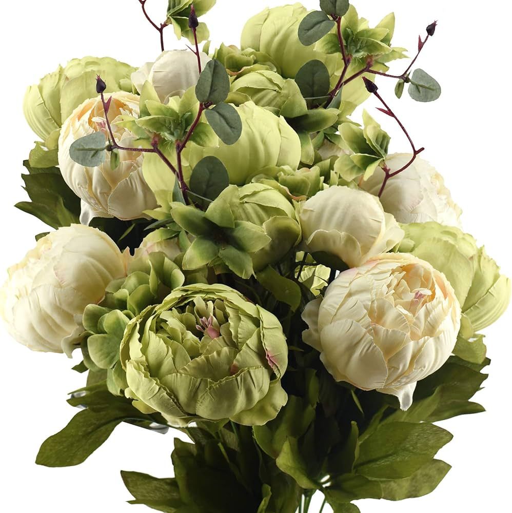 FiveSeasonStuff Mixed Cream Beige and Moss Green Vintage Artificial Silk Flower Peonies 2 Bouquet... | Amazon (US)