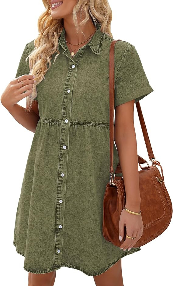 LookbookStore Women's Short Sleeve Button Down Flowy Tiered Babydoll Denim Dress | Amazon (US)