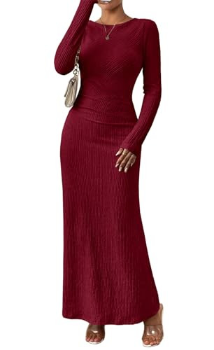 MITILLY Fall 2025 Women's Long Sleeve Maxi Dress Elegant Crewneck Bodycon Slim Fit Ruched Textured Formal Cocktail Dress Small Wine Red | Amazon (US)