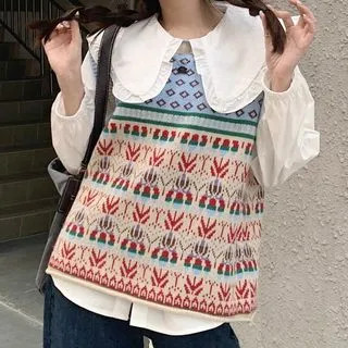 Jacquard Knit Vest / Long-Sleeve Ruffle Trim Peter Pan Collar Shirt | YesStyle Global