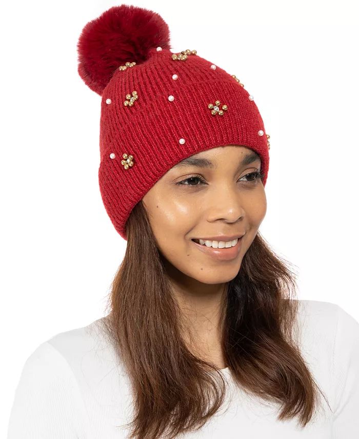 Bead-Embellished Beanie with Faux Fur Pom, Created for Macy's | Macys (US)