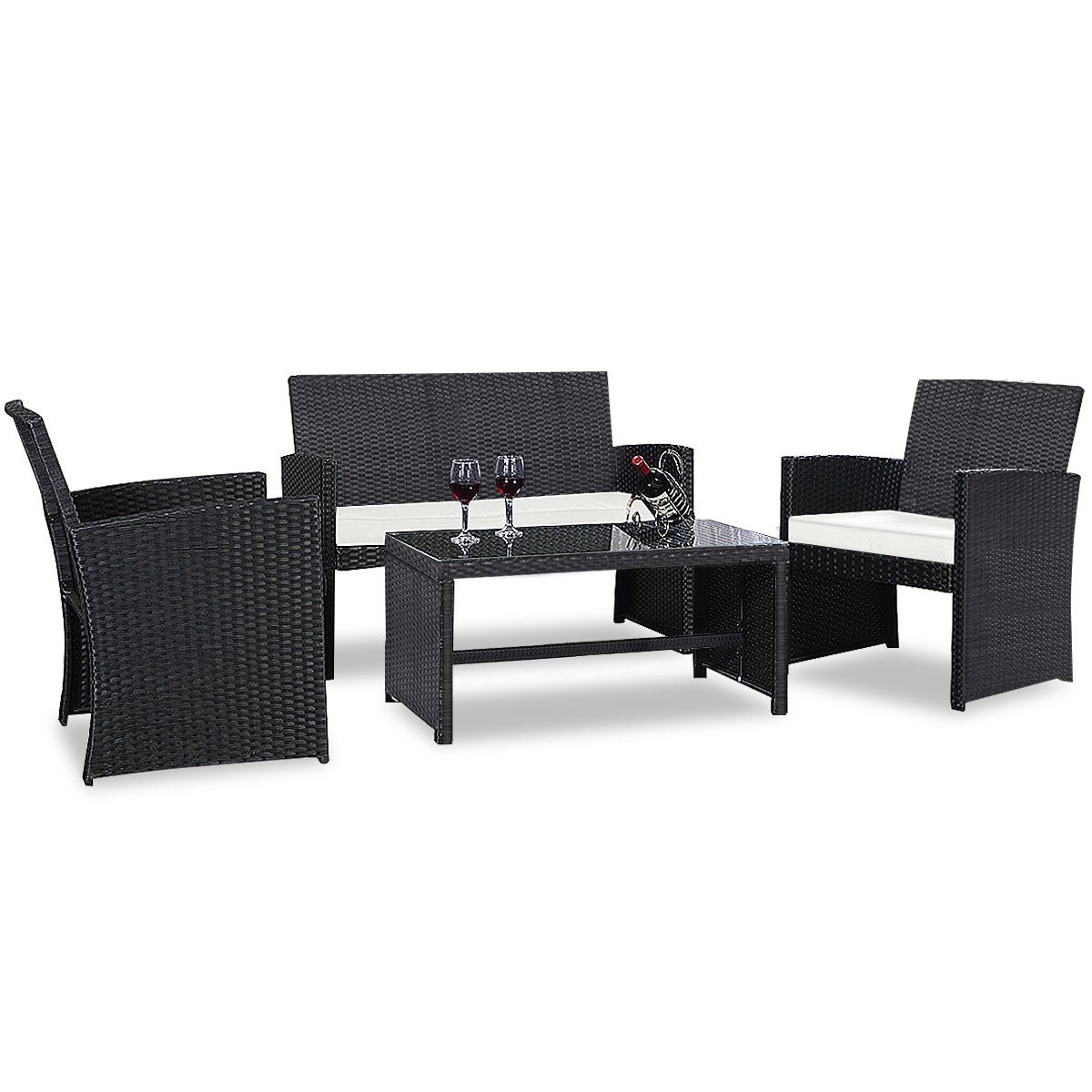 4 Piece Outdoor Patio Rattan Furniture Set Black Wicker Cushioned Seat For Garden, porch, Lawn | Walmart (US)