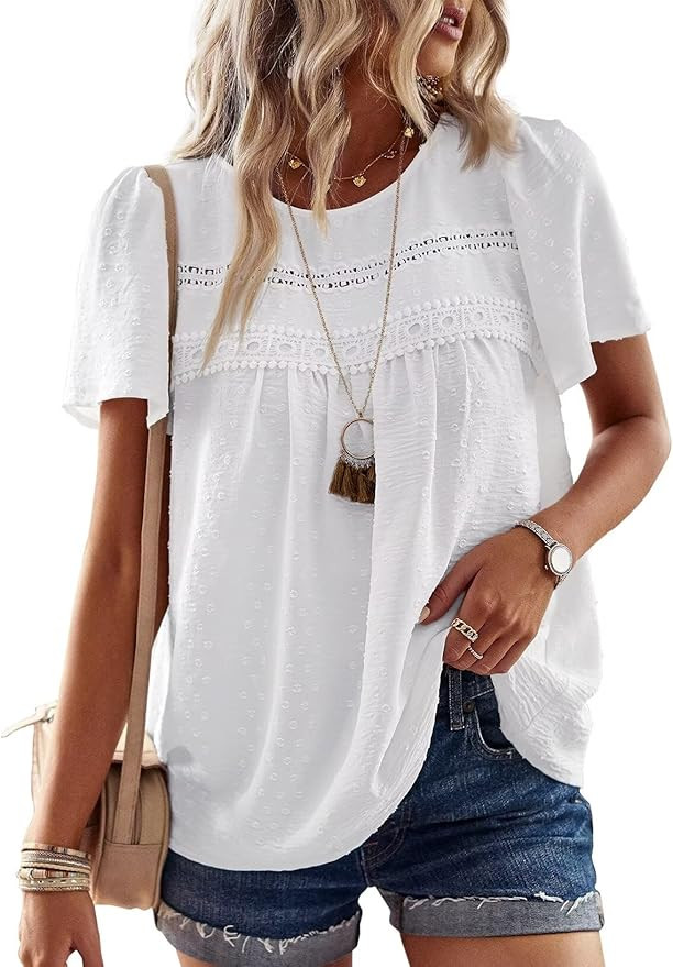 Womens Summer Tops Crewneck Short Sleeve Shirts Casual Chiffon Blouses Flowy Lace Hem Boho Clothi... | Amazon (US)