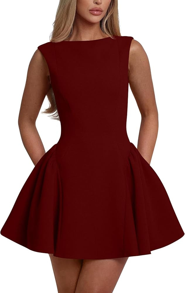YMDUCH Women's Summer Sleeveless Crew Neck Backless A-line Mini Party Prom Dress | Amazon (US)