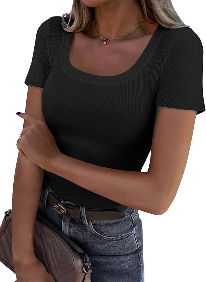 Roselux Women's Summer Scoop Neck Short Sleeve T-Shirts Ribbed Knit Slim Fitted Casual Basic Top | Amazon (US)