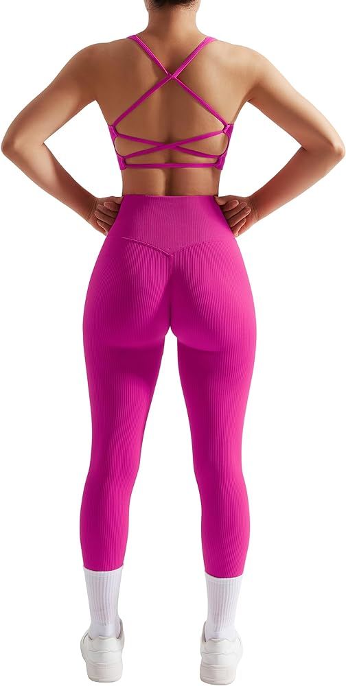 OMKAGI Women Ribbed Workout Sets Seamless Strappy Sport Bra Butt Lifting Leggings Outfits | Amazon (US)