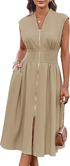 GRACE KARIN Womens Summer Casual Dress V Neck Cap Sleeve Zipper Front Flowy Midi Dress with Pocke... | Amazon (US)