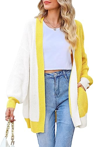Women's Colorblock Cardigan Long Sleeve Open Front Ribbed Knit Oversized Cardigans Sweaters with Pockets Yellow M | Amazon (US)