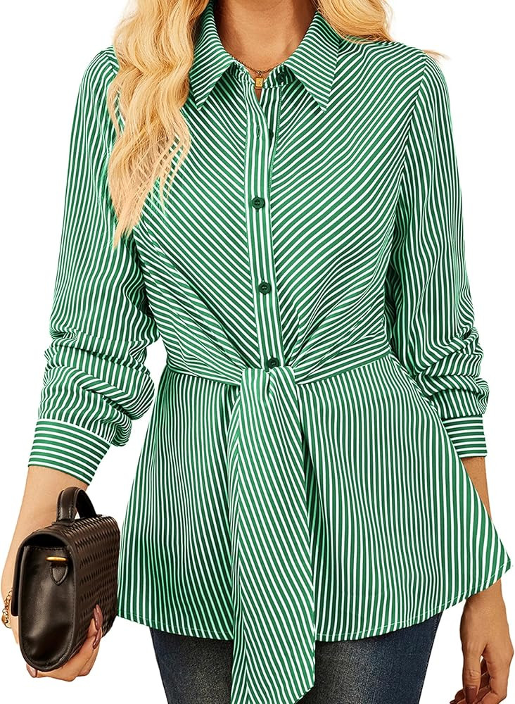 GRACE KARIN Peplum Tops for Women Tie Front Striped Button Down Shirt Collared Long Sleeve Busine... | Amazon (US)