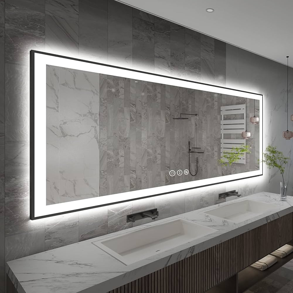 CHARMOR 84x32 Framed LED Bathroom Mirror, Large Dimmable Vanity Mirror with Lights, Anti-Fog, Mem... | Amazon (US)