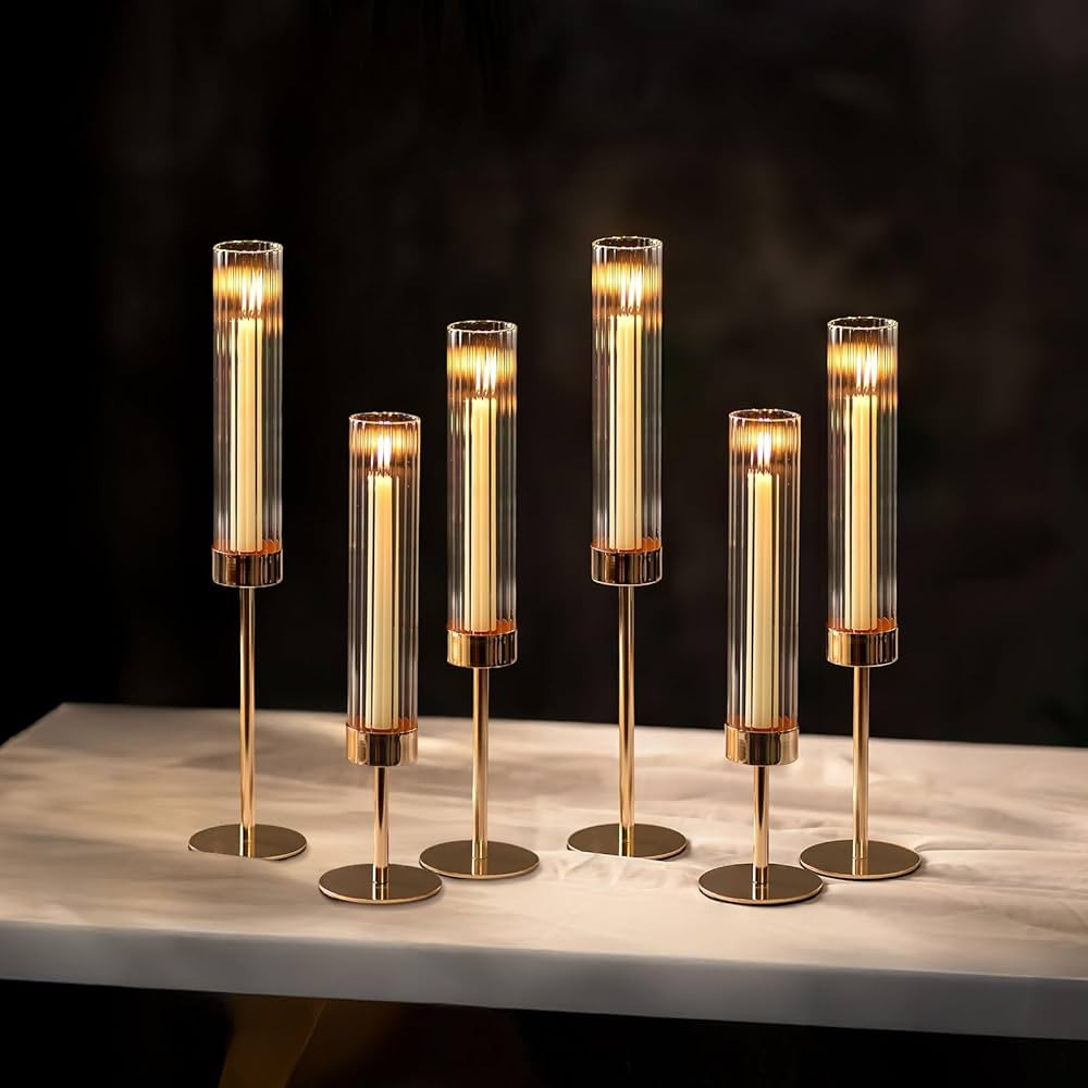 NUPTIO Hurricane Candle Holder for Centerpiece: Set of 6 Tall Candle Stick Holder with Ribbed Gla... | Amazon (US)